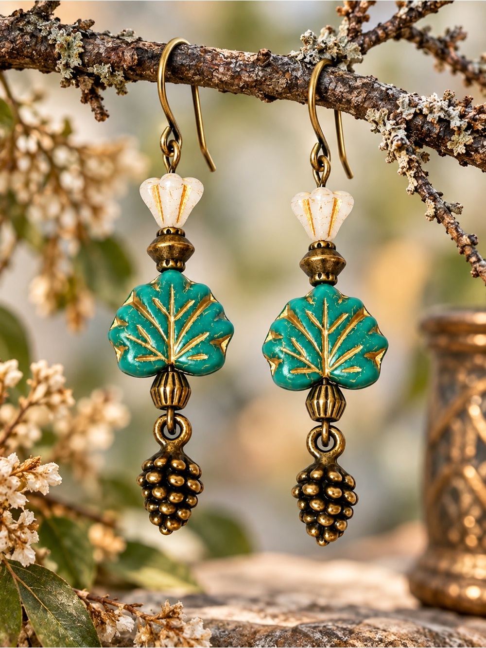 Turquoise Czech Glass Leaf Earrings Ivory Flowers Boho